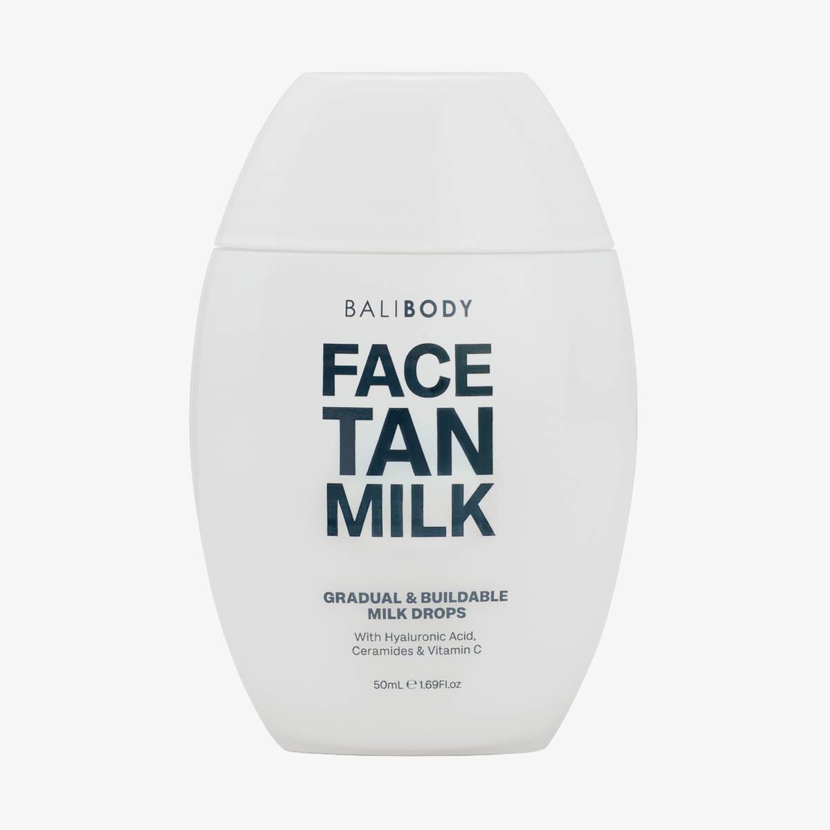 Bali Body Face Tan Milk Drops - eine graduelle, aufbaubare Formel in einer weißen runden 50-ml-Flasche.