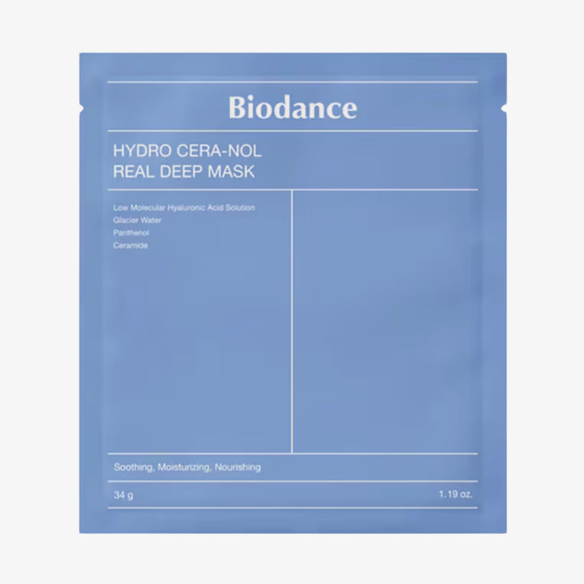 Blaue eckige Plastikverpackung der Biodance Bio Collagen Real Deep Mask vor weißem Hintergrund.