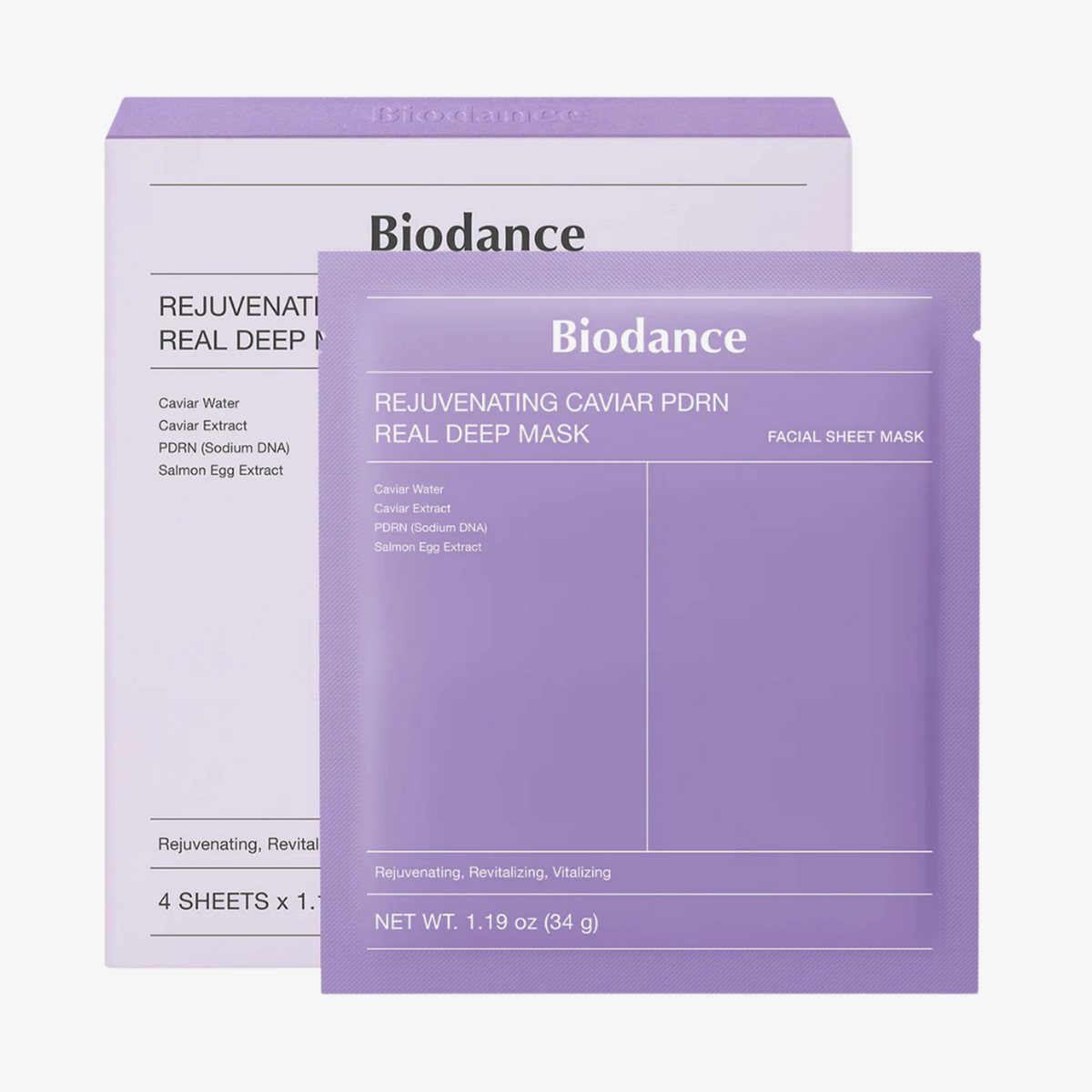 Biodance Rejuvenating Caviar PDRN Real Deep Mask Gesichtsmaske und Verpackung mit Produktname auf der Verpackung.