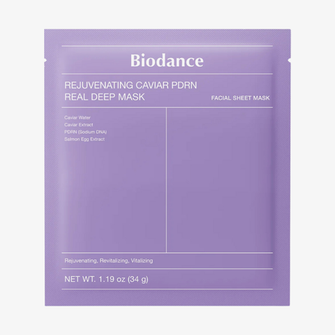 Biodance Rejuvenating Caviar PDRN Real Deep Mask Gesichtsmaske in lilaner Verpackung mit Produktname auf der Verpackung.