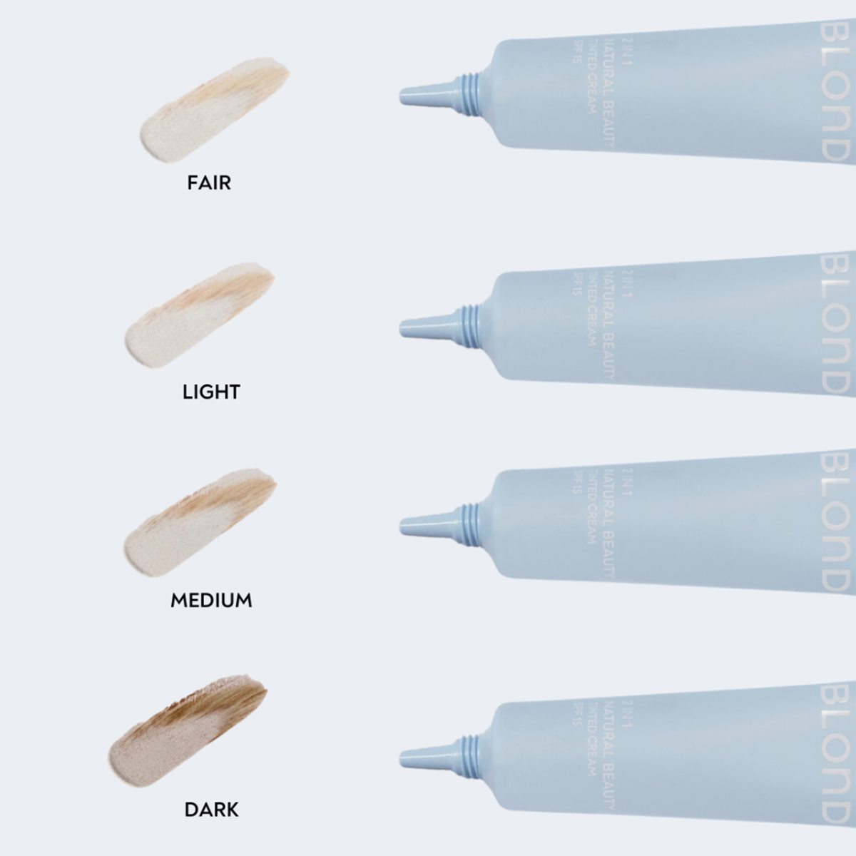Vier blaue Tuben von BLONDESISTER 2 IN 1 TINTED CREAM SPF15 in den Farbtönen FAIR, LIGHT, MEDIUM und DARK zeigen die verschiedenen Blondnuancen.