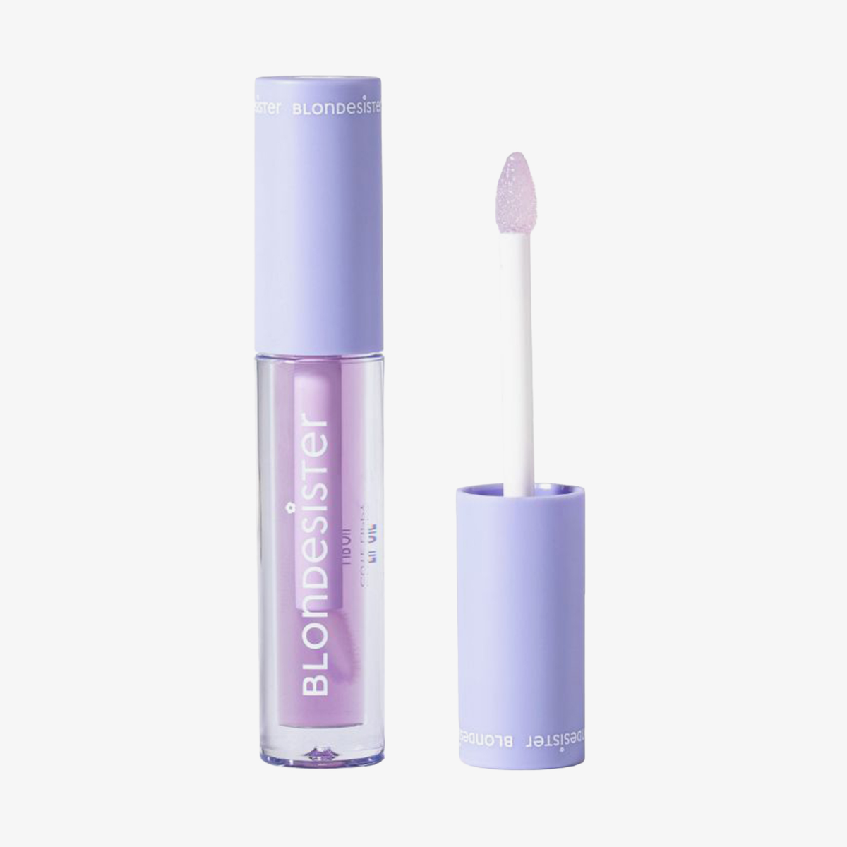 Lavendel BLONDESISTER 3-IN-1 CUTE LIPPY LIP OIL, abgebildet mit aufrecht stehendem Applikator.