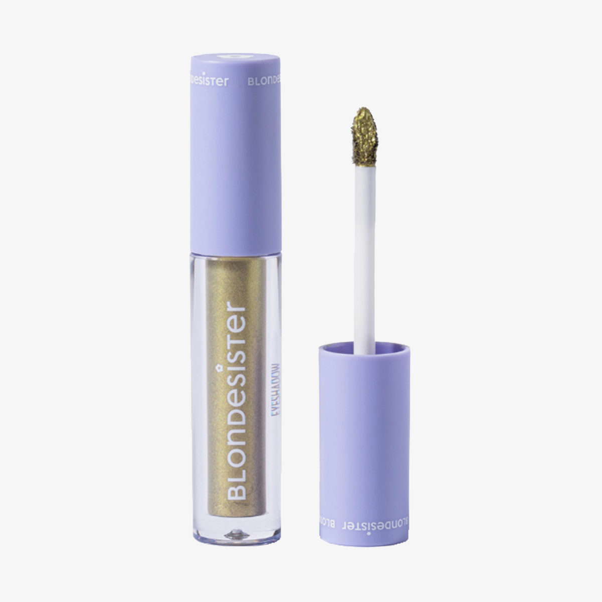 Eine Tube GLOWEYE EYESHADOW von BLONDESISTER mit einem goldenen Applikatorstift und einer hellvioletten Kappe.