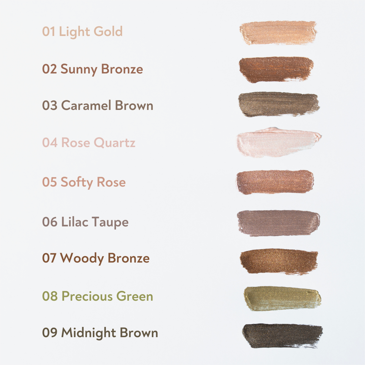 BLONDESISTER GLOWEYE LIDSCHATTEN: 01 Hellgold, 02 Sonniges Bronze, 03 Karamellbraun, 04 Rosenquarz, 05 Zartes Rosa und weitere Farbtöne.