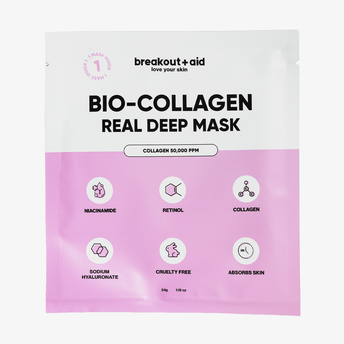Flacher Beutel einer Bio-Collagen-Tiefenmaske mit Niacinamid, Retinol, Kollagen, Hyaluronat und Symbolen für tierversuchsfreie Produkte.