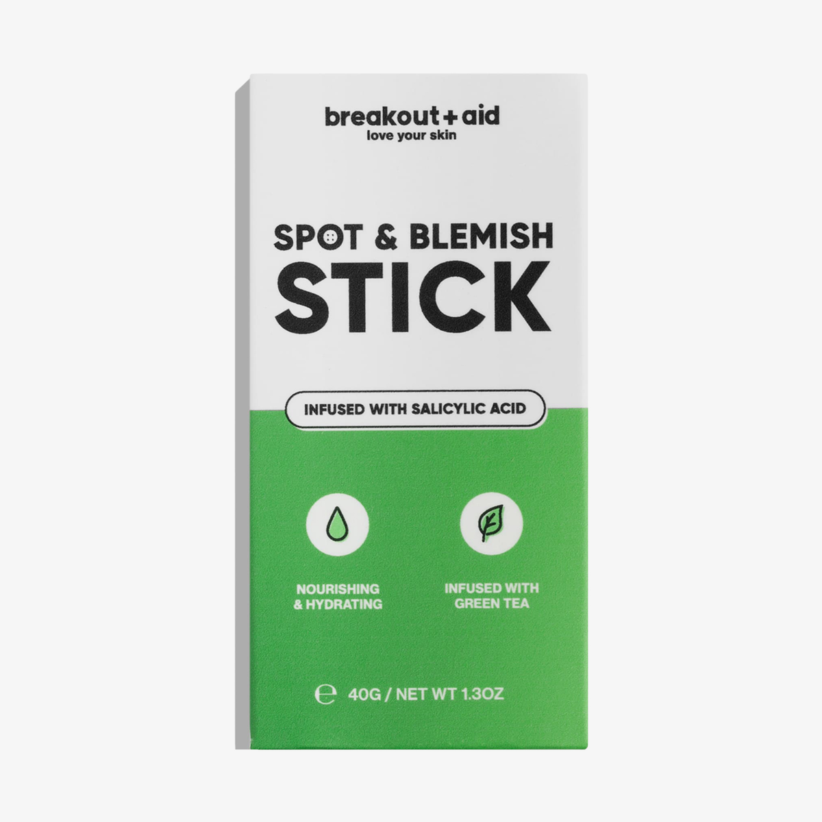 Verpackung des breakout+aid Blemish & Spot Stick, auf der angegeben ist, dass das Produkt Salicylsäure enthält, pflegend und feuchtigkeitsspendend wirkt und mit Grüntee angereichert ist.