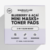 Quadratische Produktverpackung für Breakout+Aid Mini-Masken mit Blaubeere und Açaí sowie Toner-Pads.