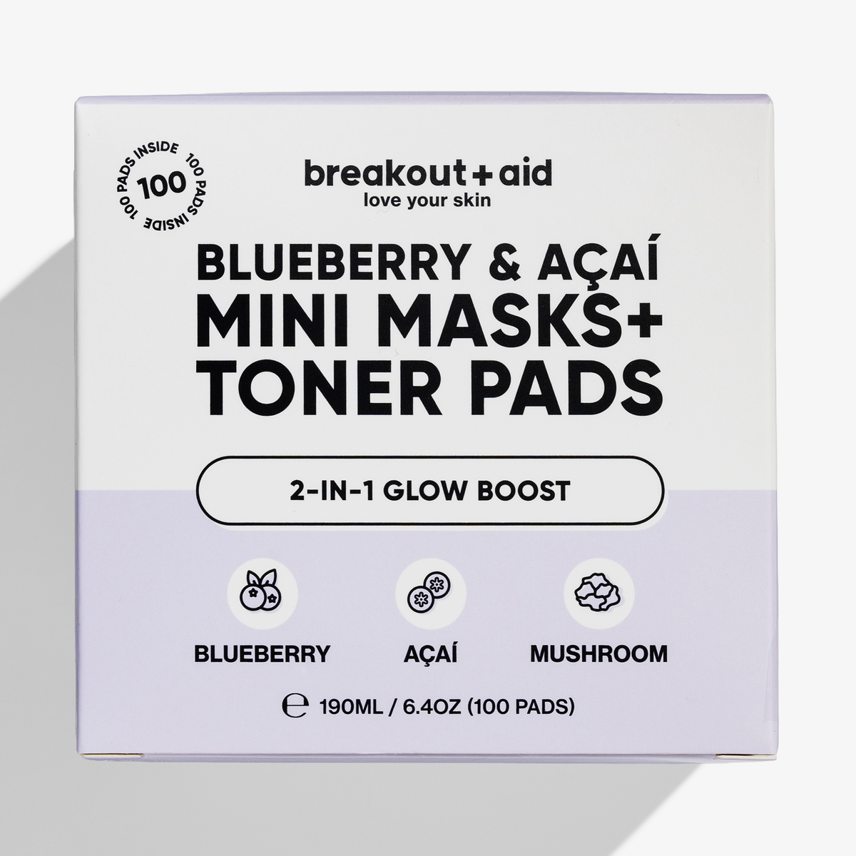 Quadratische Produktverpackung für Breakout+Aid Mini-Masken mit Blaubeere und Açaí sowie Toner-Pads.