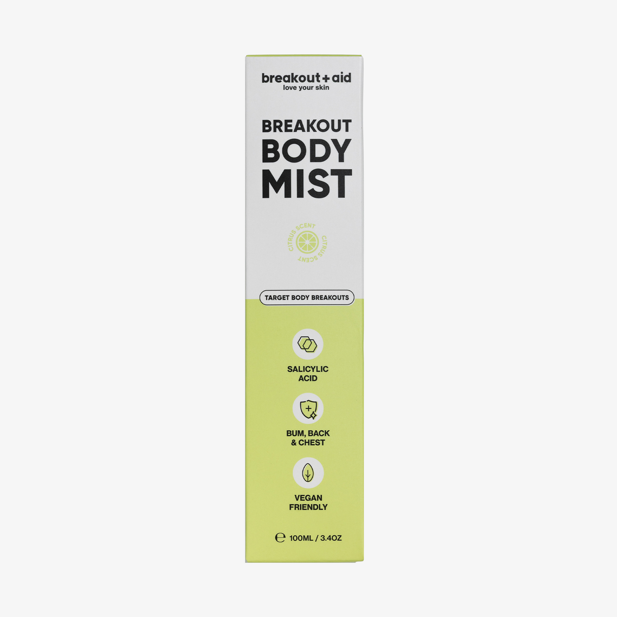 Hohe, rechteckige Verpackung des Breakout Body Mist mit Salicylsäure, Zitrusduft und zur Anwendung an Gesäß, Rücken und Brust.