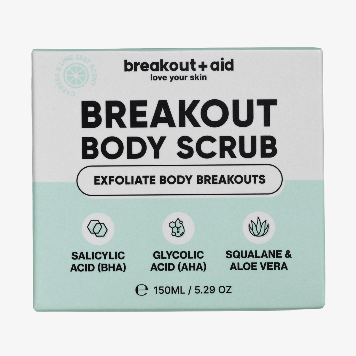Quadratischer Behälter mit dem Breakout+Aid Breakout Body Scrub, beschriftet mit den Inhaltsstoffen Salicylsäure, Glykolsäure, Squalan und Aloe Vera.