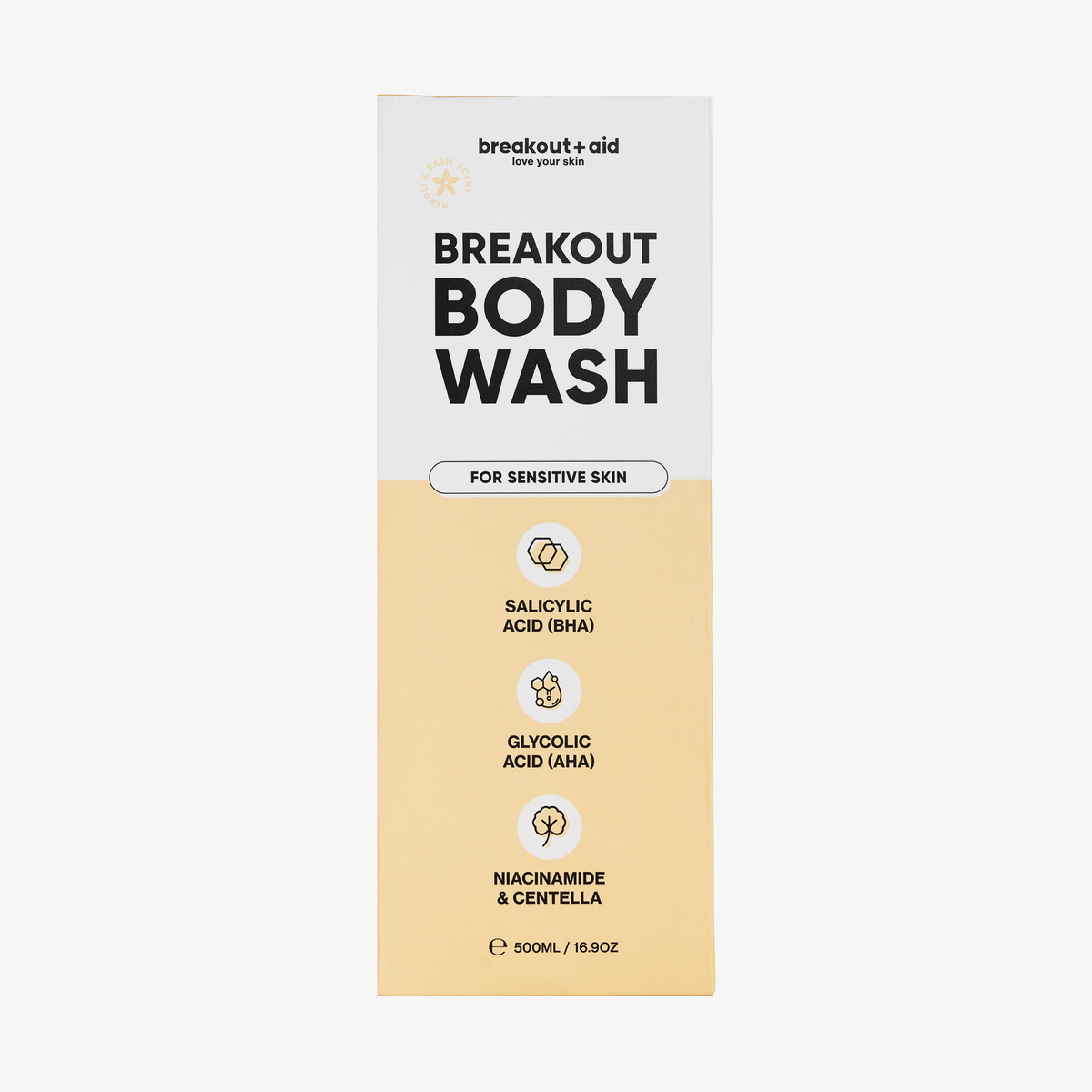 Verpackung des Breakout+aid Breakout Body Wash für empfindliche Haut, auf der Salicylsäure, Glykolsäure, Niacinamid und Centella als Hauptinhaltsstoffe aufgeführt sind.