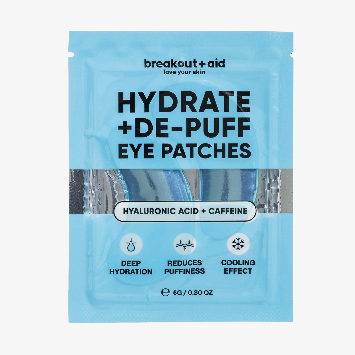 Breakout+aid Hydrate + De-Puff Augenpads zur Feuchtigkeitsversorgung und zur Linderung von Schwellungen mit Hyaluronsäure und Koffein.