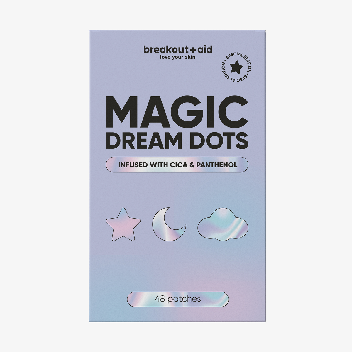 Rechteckige Magic Dream Dots-Schachtel mit einem Motiv aus Stern, Halbmond und Wolke, beschriftet mit Cica, Panthenol und 48 Pflaster.