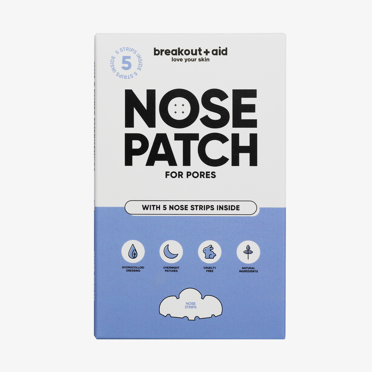 Packung mit fünf Breakout+Aid-Nasenpflastern mit Symbolen für Hydrokolloid-Verband, Anwendung über Nacht, tierversuchsfrei und natürliche Inhaltsstoffe.