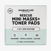 Box mit Square Rescue Mini Masks und Toner-Pads, versehen mit Symbolen für die Inhaltsstoffe Niacinamid, Centella asiatica und Aloe Vera, sowie 100 Pads.