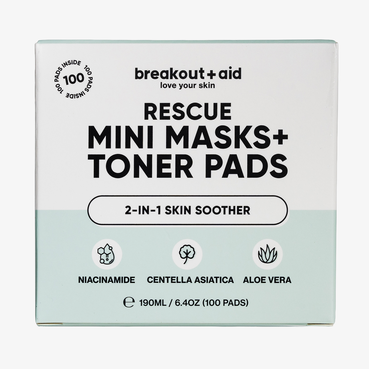 Box mit Square Rescue Mini Masks und Toner-Pads, versehen mit Symbolen für die Inhaltsstoffe Niacinamid, Centella asiatica und Aloe Vera, sowie 100 Pads.