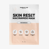 Eine Breakout+Aid Skin Reset Niacinamid-Maske in Einzelverpackung mit Symbolen für die hautpflegenden Wirkungen und einem biologisch abbaubaren Maskenblatt.