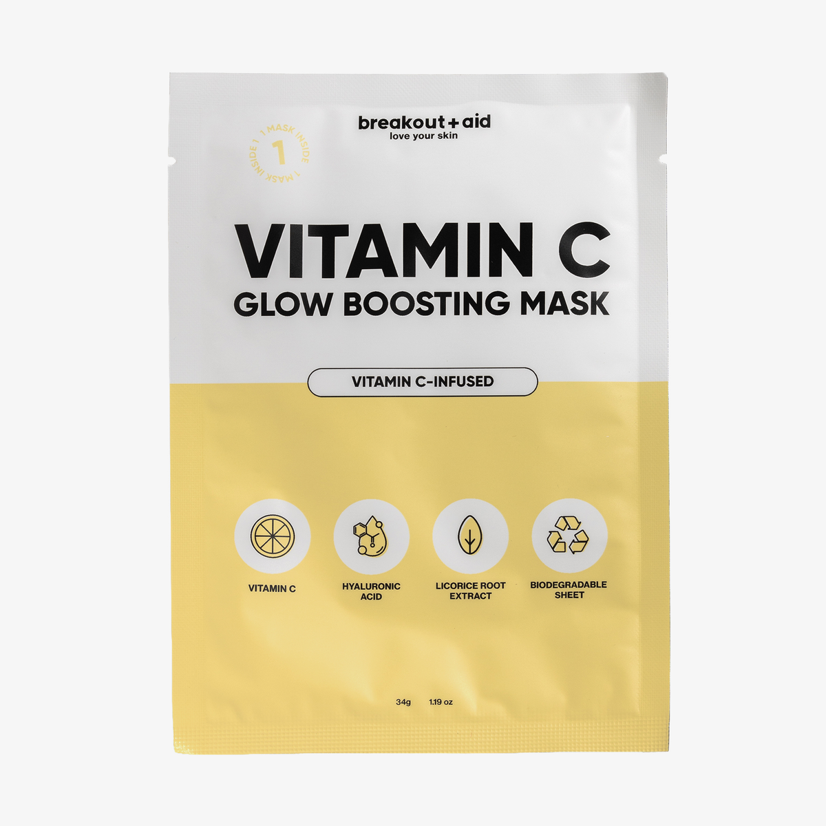 Eine Breakout+Aid-Vitamin-C-Maske in Einzelportionspackung mit Symbolen für Vitamin C, Hyaluronsäure, Süßholzwurzelextrakt und einem biologisch abbaubaren Maskenblatt.