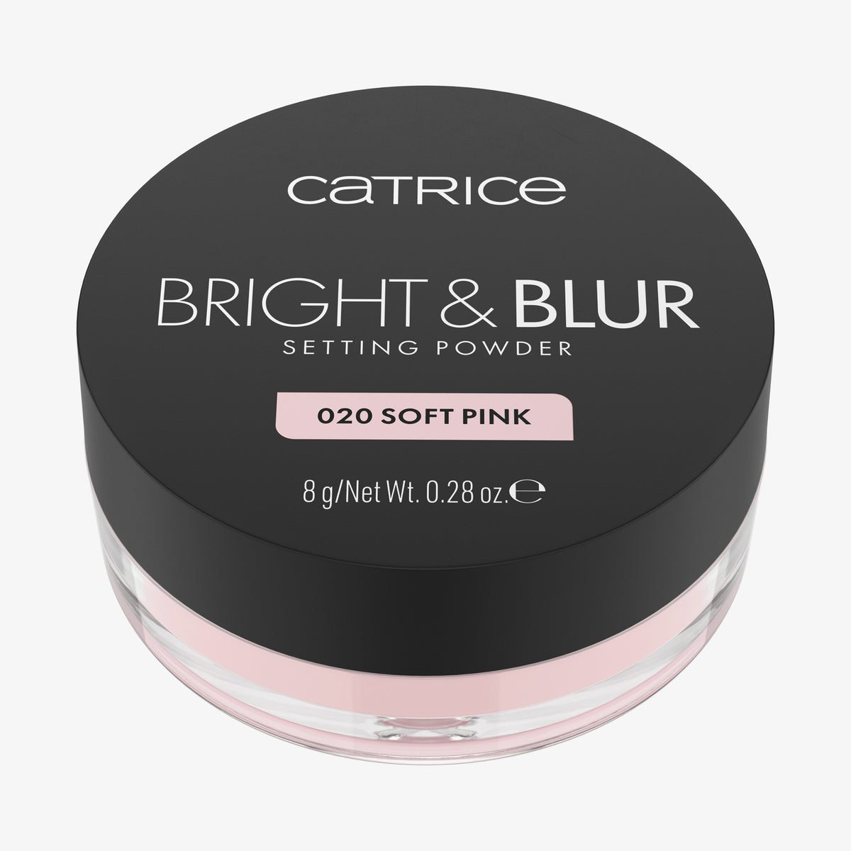 Catrice Cosmetics Bright & Blur Setting Powder in 020 Soft Pink ist ein rosafarbener Puder in einem 8g-Tiegel mit schwarzem Deckel.