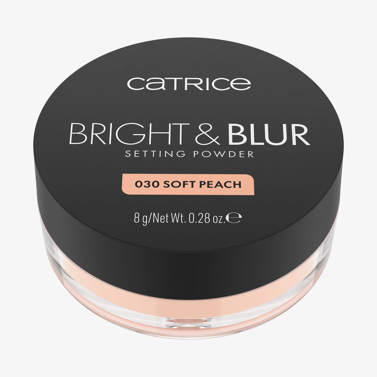 Ein runder Behälter mit Catrice Cosmetics Bright & Blur Setting Powder, Farbton 030 Soft Peach, 8 g.