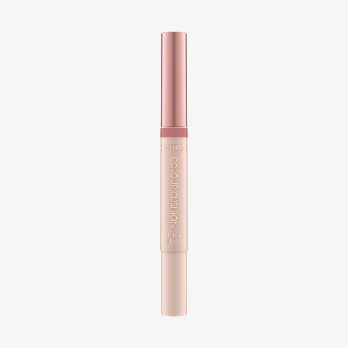 Schlanke Tube des Catrice Colour Cushion Juicy Lip Oils in Rosé-Gold und Nude, elegant und minimalistisch vor weißem Hintergrund.