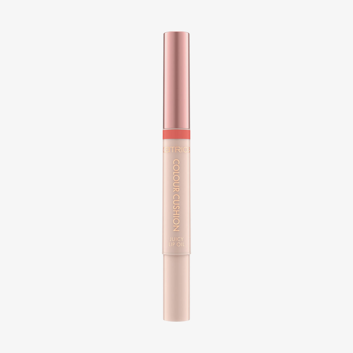 Schlanke Tube des Catrice Colour Cushion Juicy Lip Oils in Rosé-Gold und Nude, elegant und minimalistisch vor weißem Hintergrund.