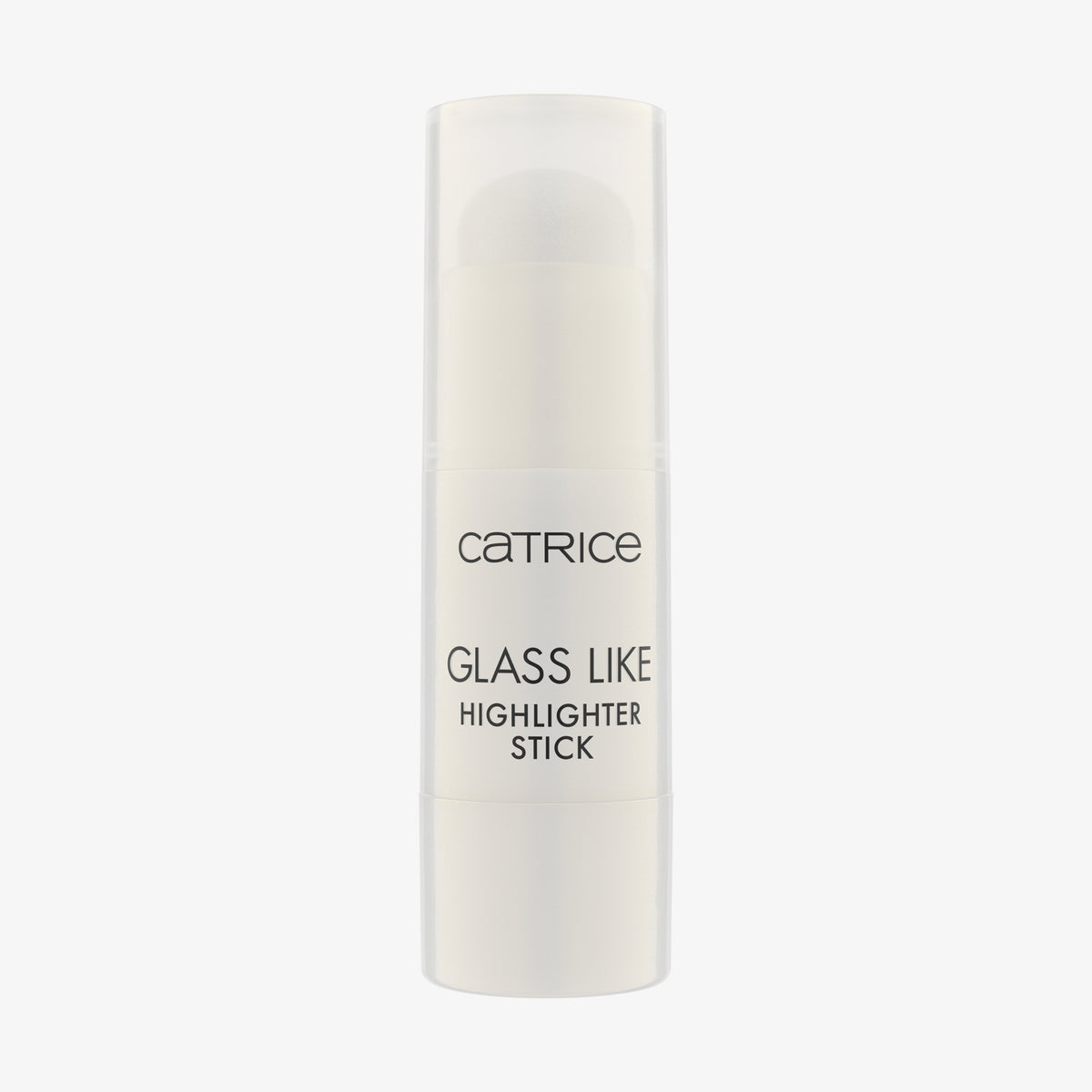Catrice Glass Like Highlighter Stick in schlichtem weißen Design mit transparentem Deckel vor weißem Hintergrund.