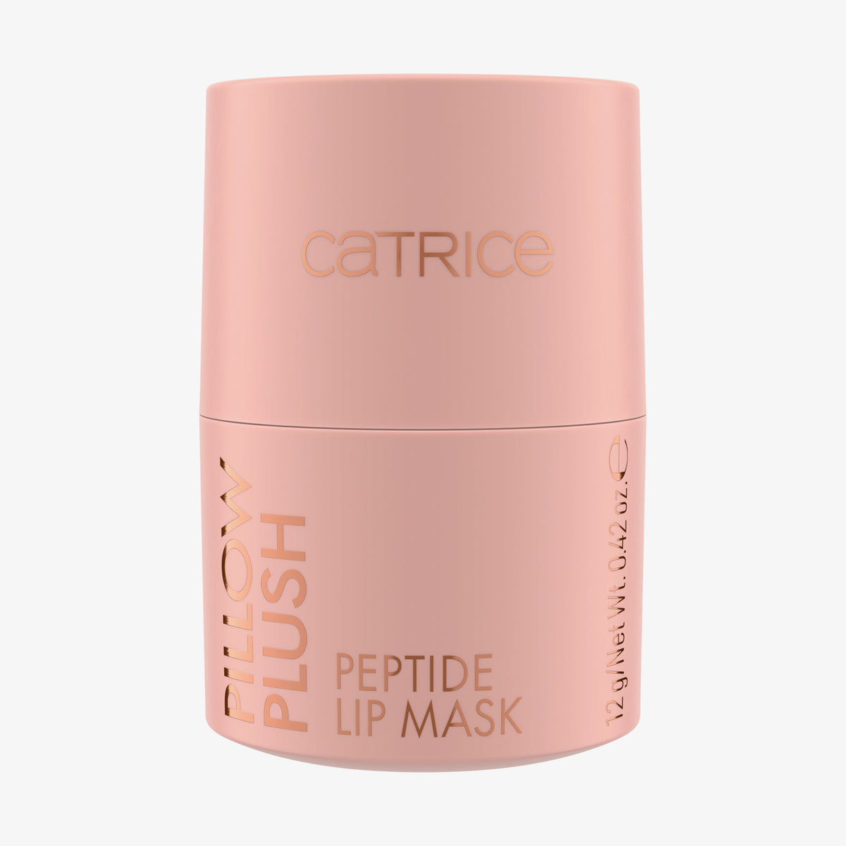 Ein rosafarbener Behälter von Catrice Cosmetics Pillow Plush Peptide Lip Mask 010 mit goldenem Text auf der Vorderseite.