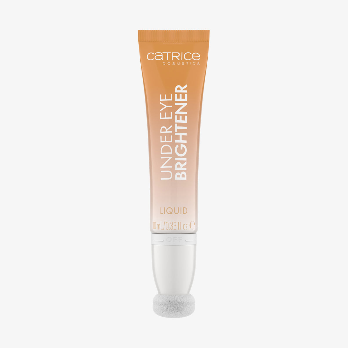 Eine Tube Catrice Cosmetics Under Eye Brightener Liquid in der Farbe Warm Nude mit einem Schwammapplikator.