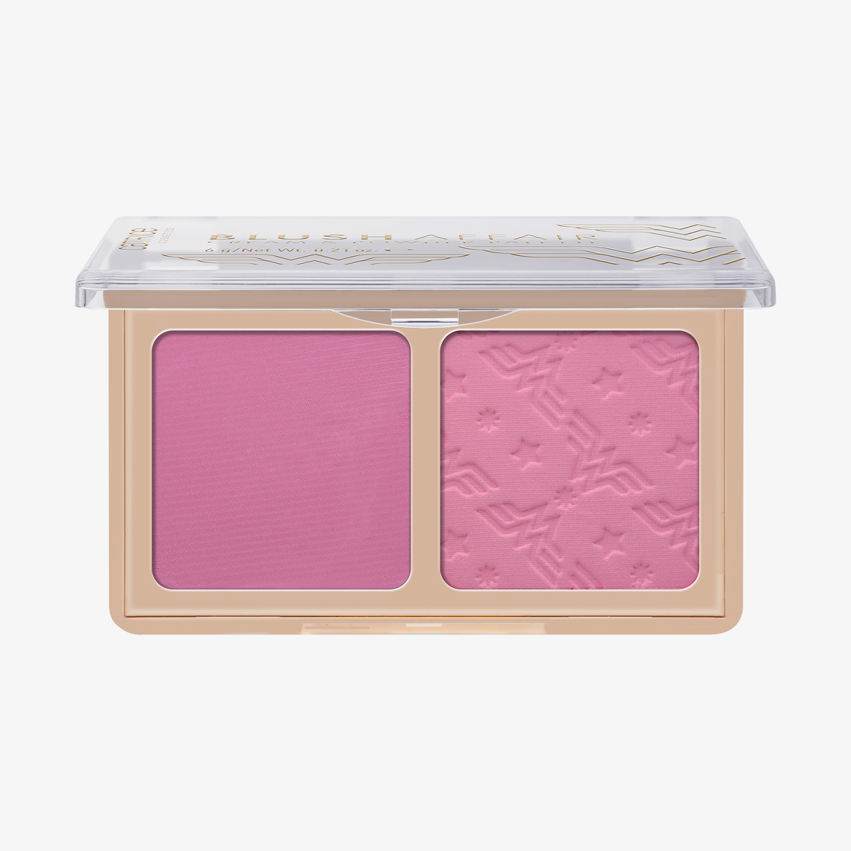 Die Palette enthält zwei rosa Rougetöne, einen matten und einen strukturierten, und ist in einer goldenen Kompaktdose mit durchsichtigem Deckel untergebracht.