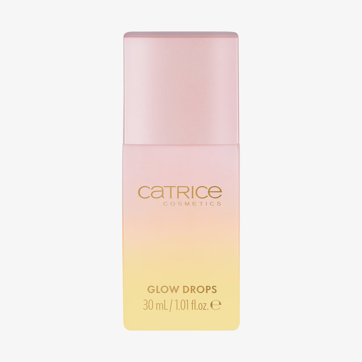Rosa-gelber Flakon MIDNIGHT SUN Glow Drops von Catrice Cosmetics, 30 ml, mit goldener Schrift auf weißem Hintergrund.