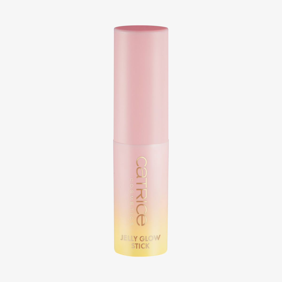 Ein Catrice Cosmetics MIDNIGHT SUN Jelly Glow Stick in rosa und gelb mit goldenem Text auf der Tube, aufrecht stehend.