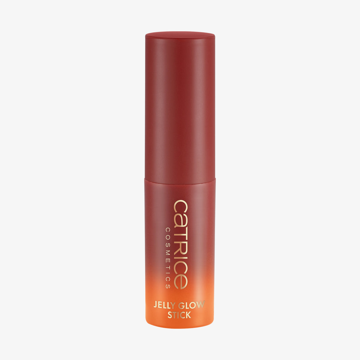 Roter Catrice Jelly Glow Stick mit Farbverlauf in Orange und goldener Aufschrift. Der Stick ist geschlossen und steht aufrecht vor hellem Hintergrund.