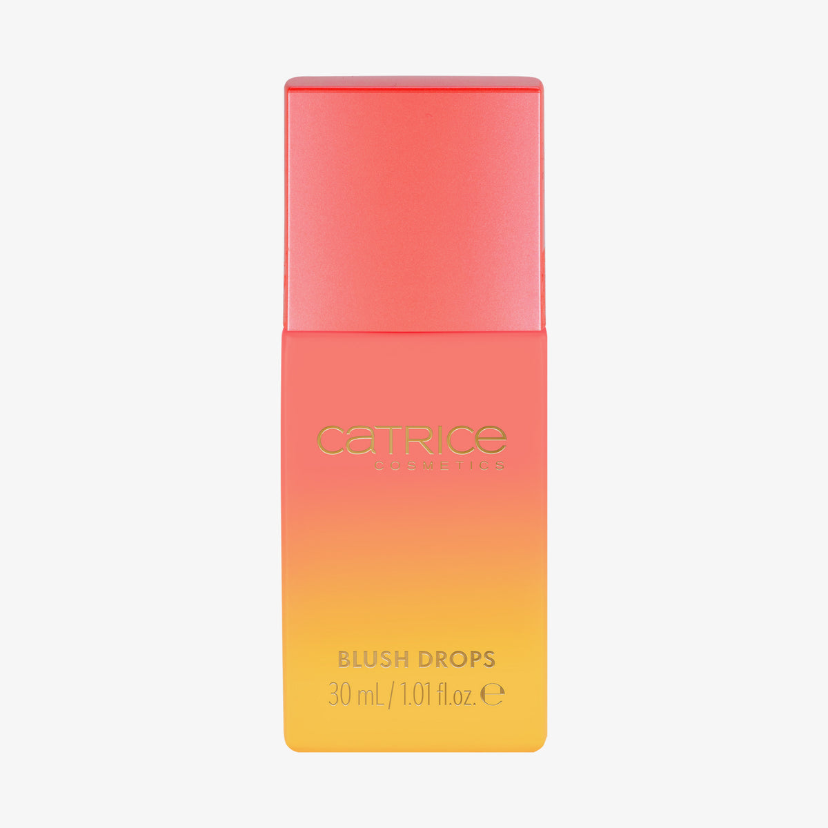 Rechteckiges 30-ml-Fläschchen von Catrice Cosmetics MIDNIGHT SUN Blush Drops mit rosa und gelbem Farbverlauf.