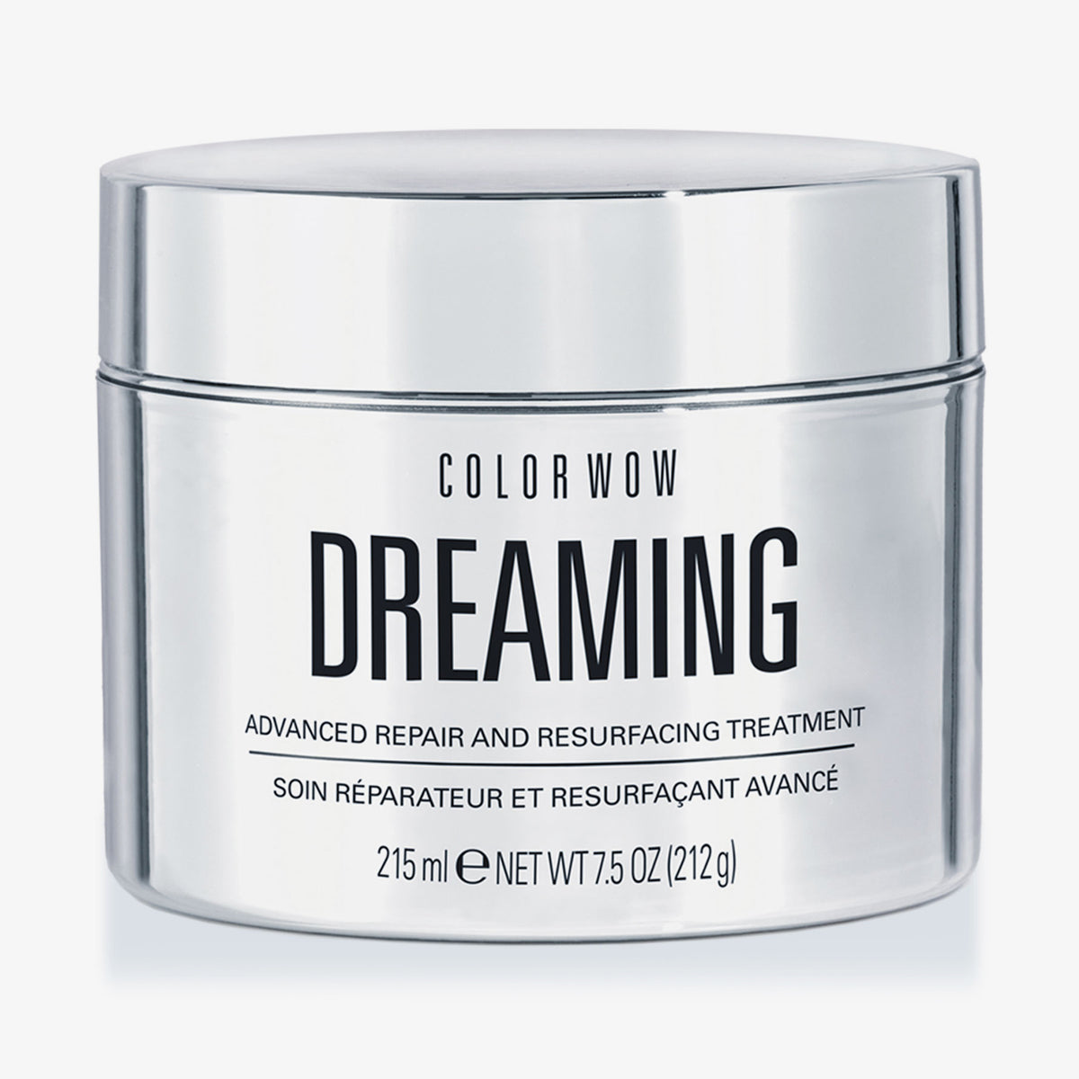 Ein silbernes Tiegel mit der Aufschrift Color Wow Dreaming Treatment, 215 ml.