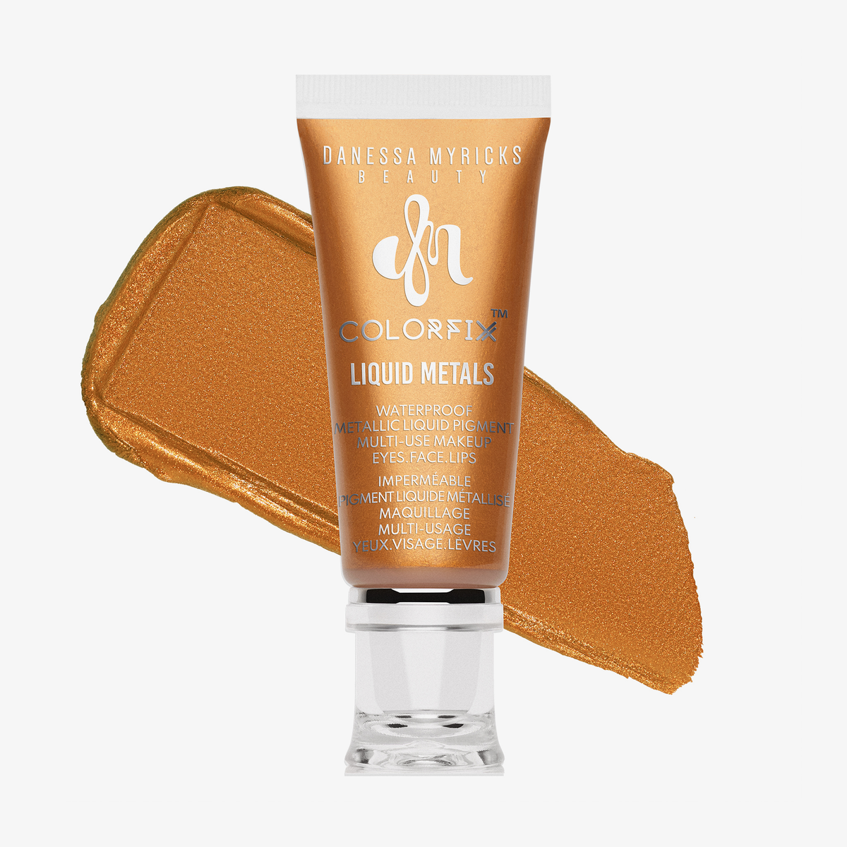 Transparente Tube Colorfix Liquid Metals Glided mit orangeem Inhalt und orange schimmerndem Farbmuster dahinter, auf weißem Hintergrund.