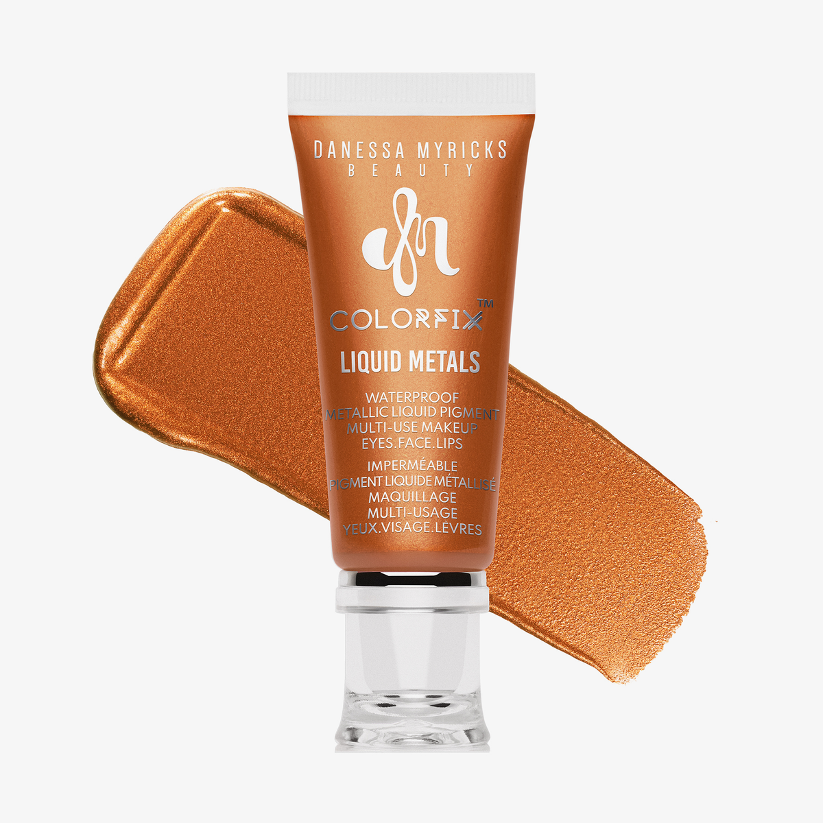 Transparente Tube Colorfix Liquid Metals Hot Fire mit rot-bronzenem Inhalt und rot-bronze schimmerndem Farbmuster dahinter, auf weißem Hintergrund.