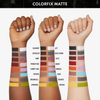 Drei Arme zeigen 15 Colorfix Mattes Swatches von Danessa Myricks Beauty in verschiedenen Hauttönen, die jeweils mit dem Namen des Farbtons beschriftet sind.