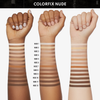 Drei Unterarme in verschiedenen Hauttönen zeigen 12 Farbmuster von Danessa Myricks Beauty Colorfix Nudes, die mit Nude 1-12 bezeichnet sind.