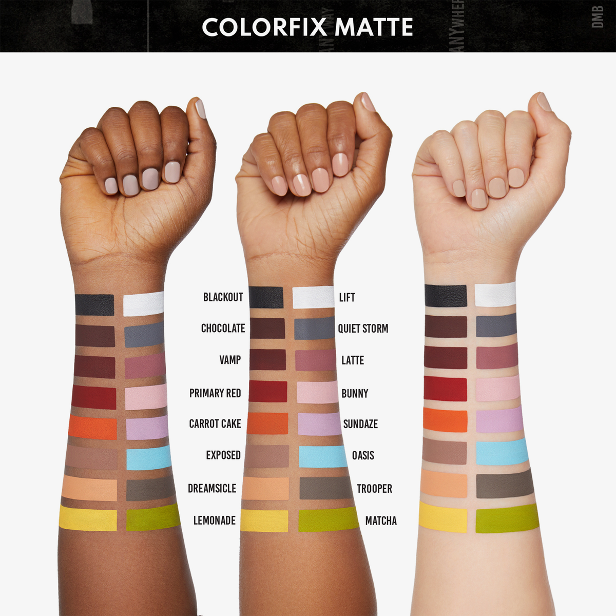 Drei Arme mit unterschiedlichen Hauttönen zeigen Swatches der verschiedenen matten Farbtöne von Danessa Myricks Beauty Colorfix Pastels, die jeweils mit ihrem Namen beschriftet sind.