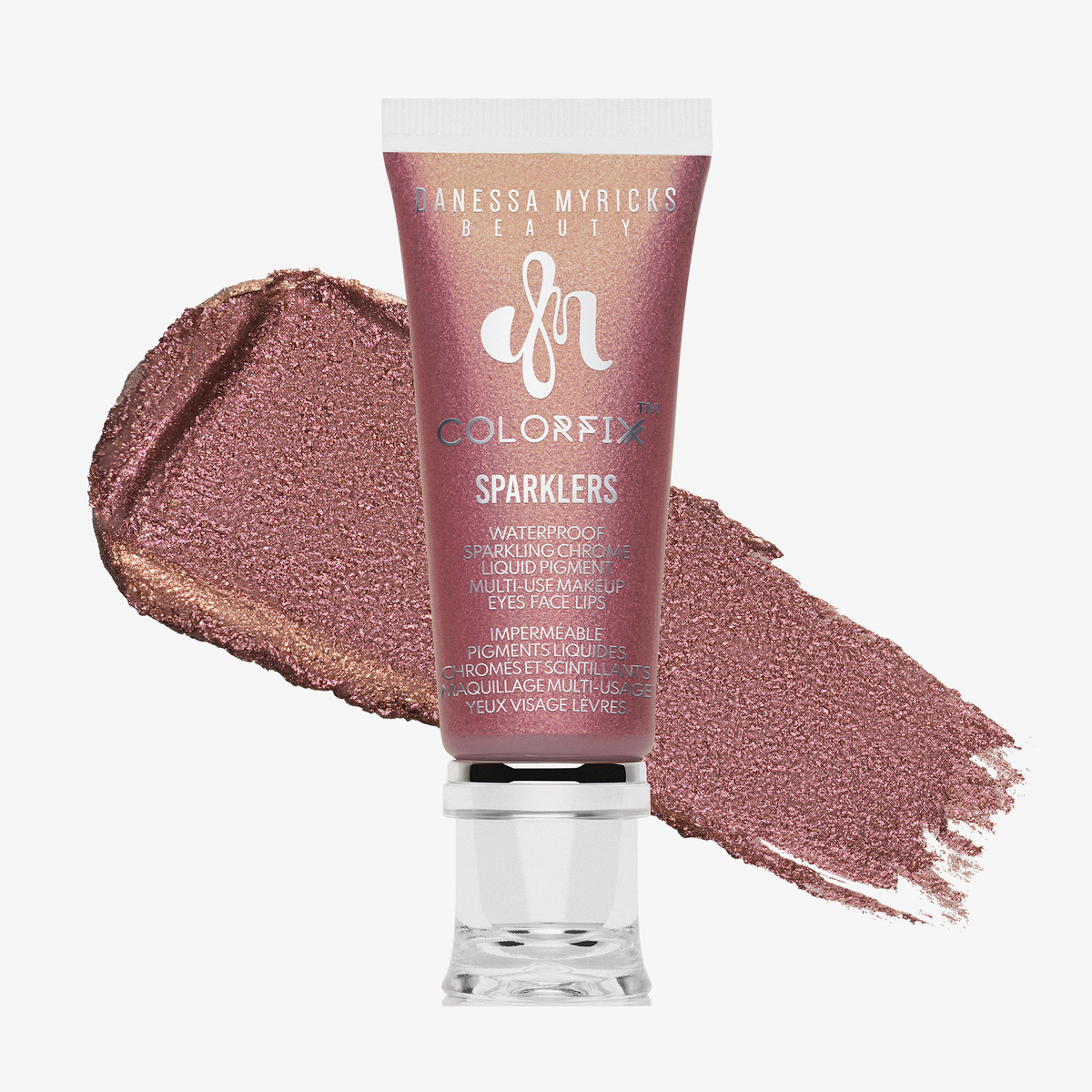 Danessa Myricks Beauty Colorfix Sparklers in Flare, mit einer Produktprobe hinter der Tube.