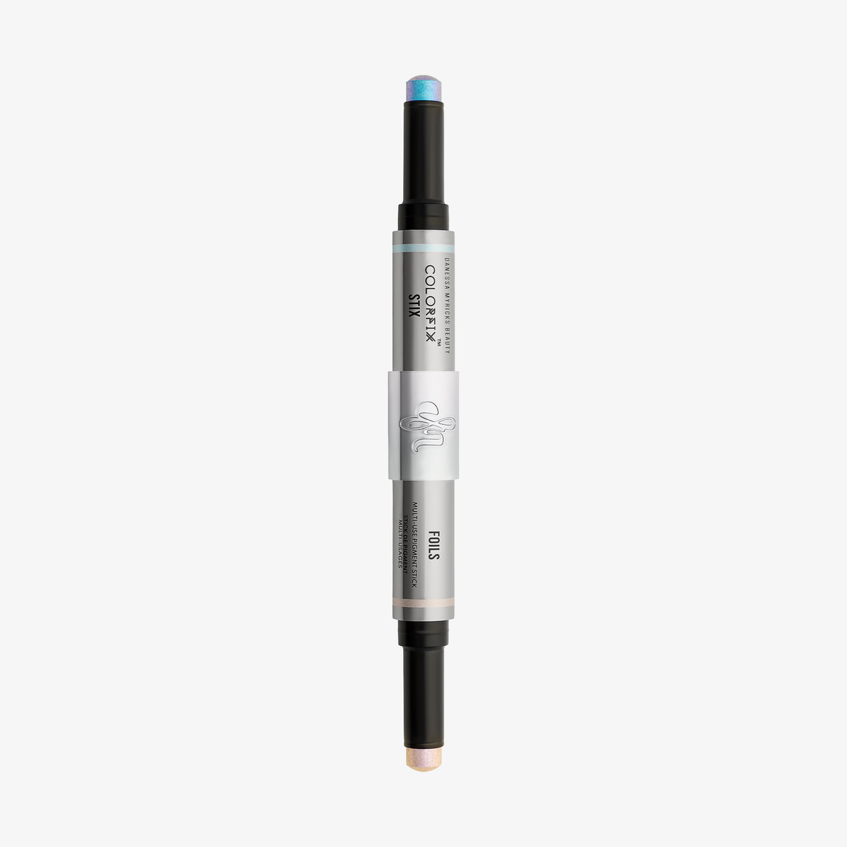 Danessa Myricks Beauty Colorfix Stix Infinity: doppelendig mit blauen und goldenen Highlightern, abgebildet auf weißem Hintergrund.