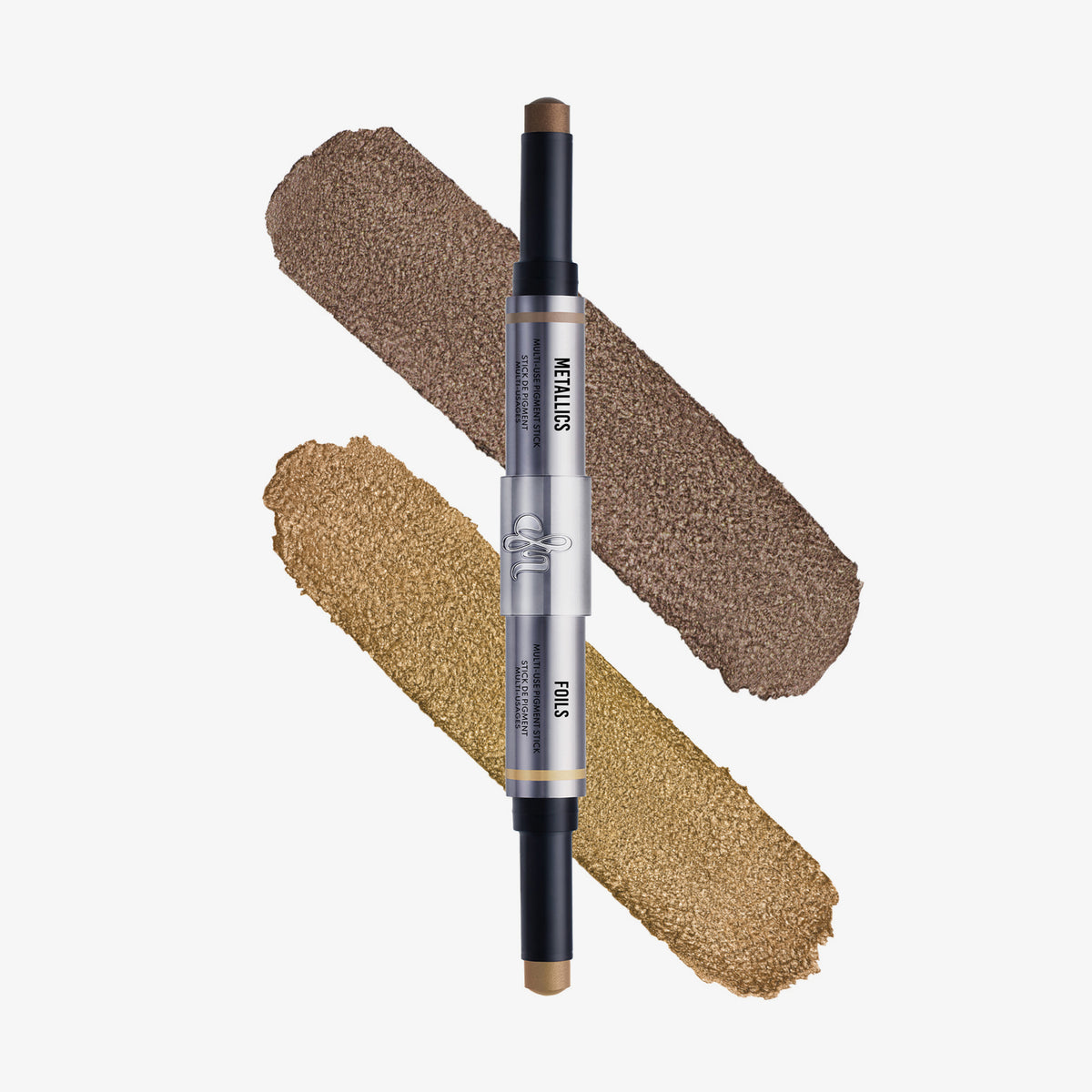 Zweiseitiger Lidschatten-Stick mit schimmernden Farben in Gold und Bronze – Swatches der Nuancen Apollo (Foils) und Artemis (Metallics).