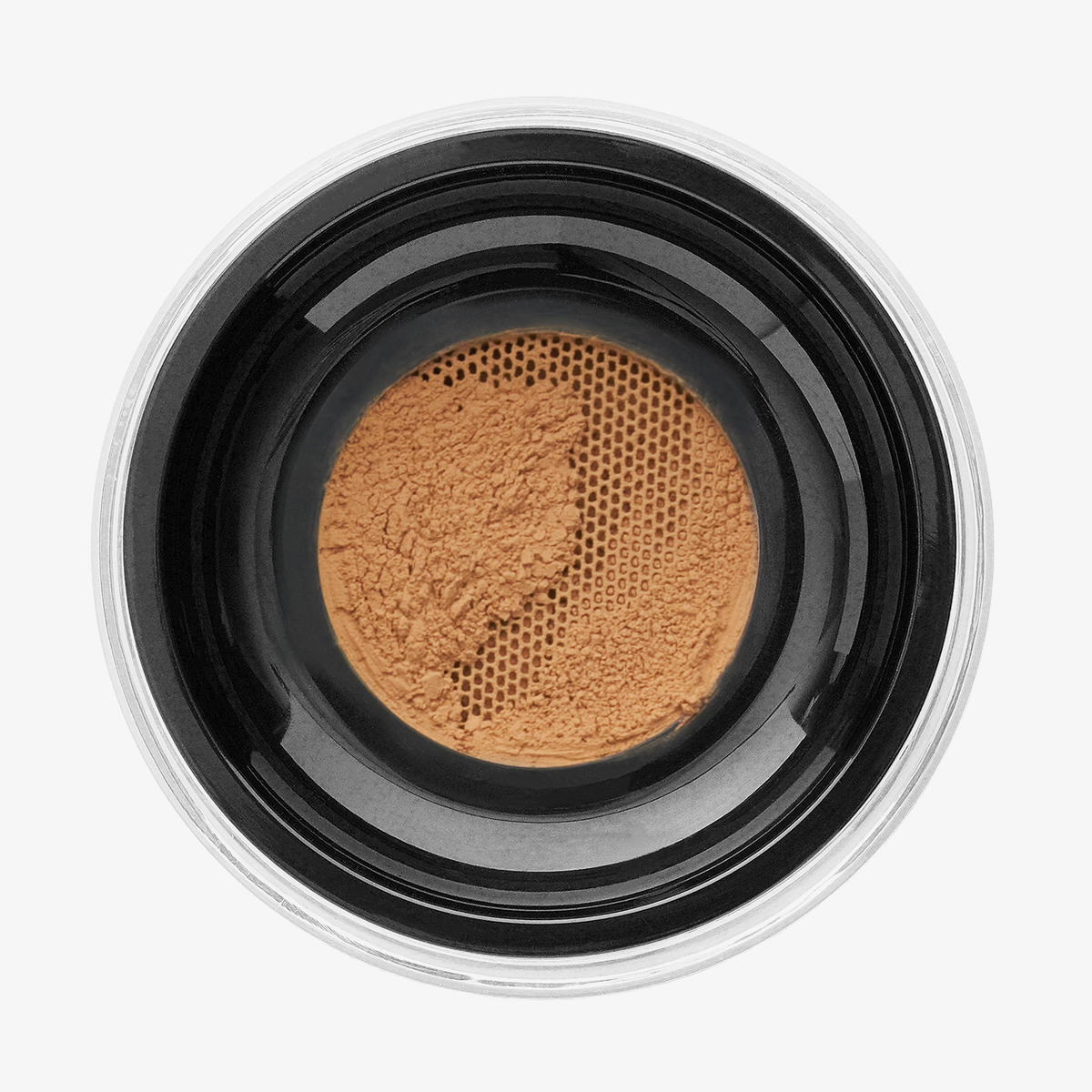 Draufsicht auf Danessa Myricks Beauty Evolution Powder in der Farbe #2.5, mit losem beigem Puder und Maschensieb in einem schwarz umrandeten Behälter.