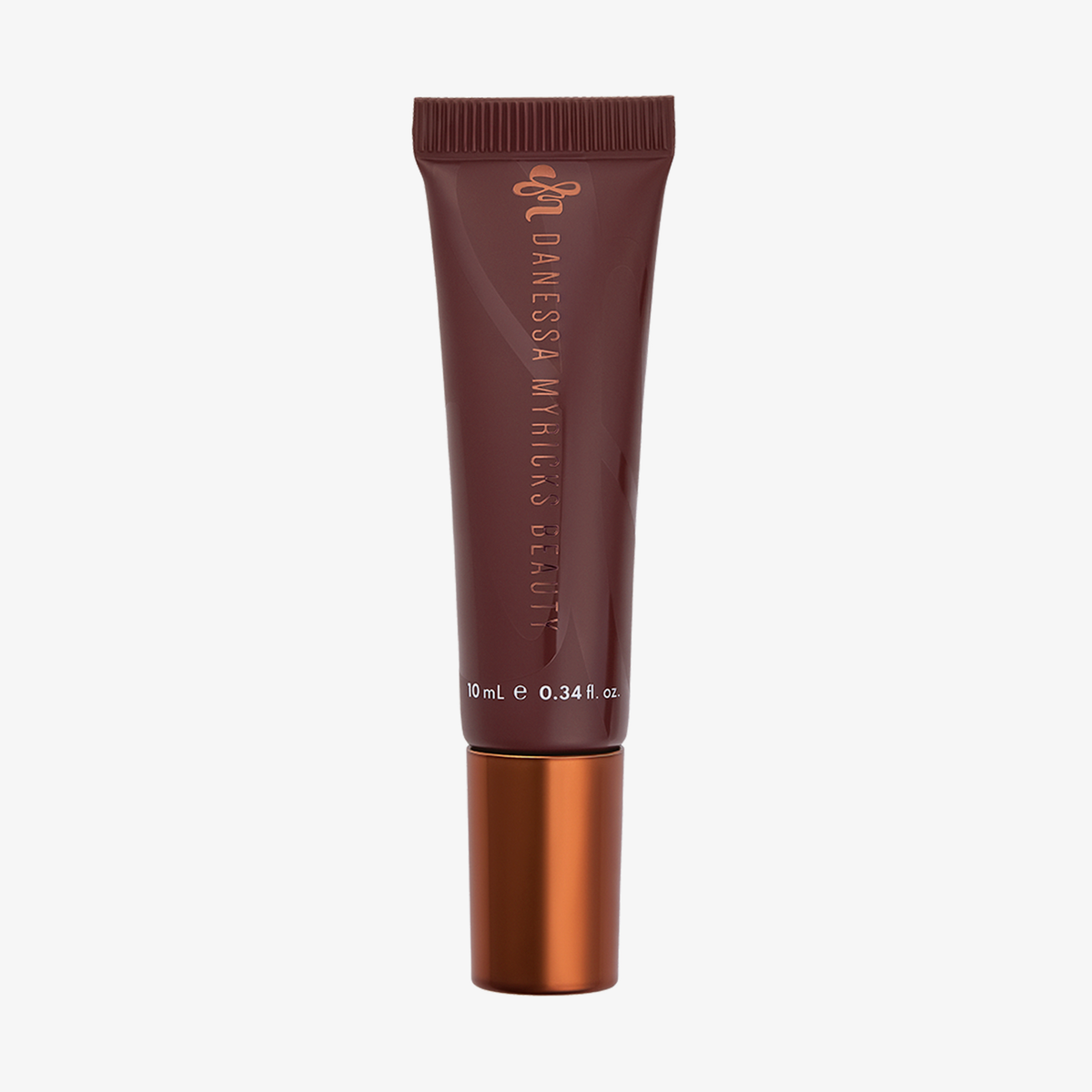Ein 10-ml-Tubus in Braun mit dem Produkt „Danessa Myricks Beauty Glosswork 4D Ultra Shine Plumping Gloss“ und einem metallischen Verschluss.