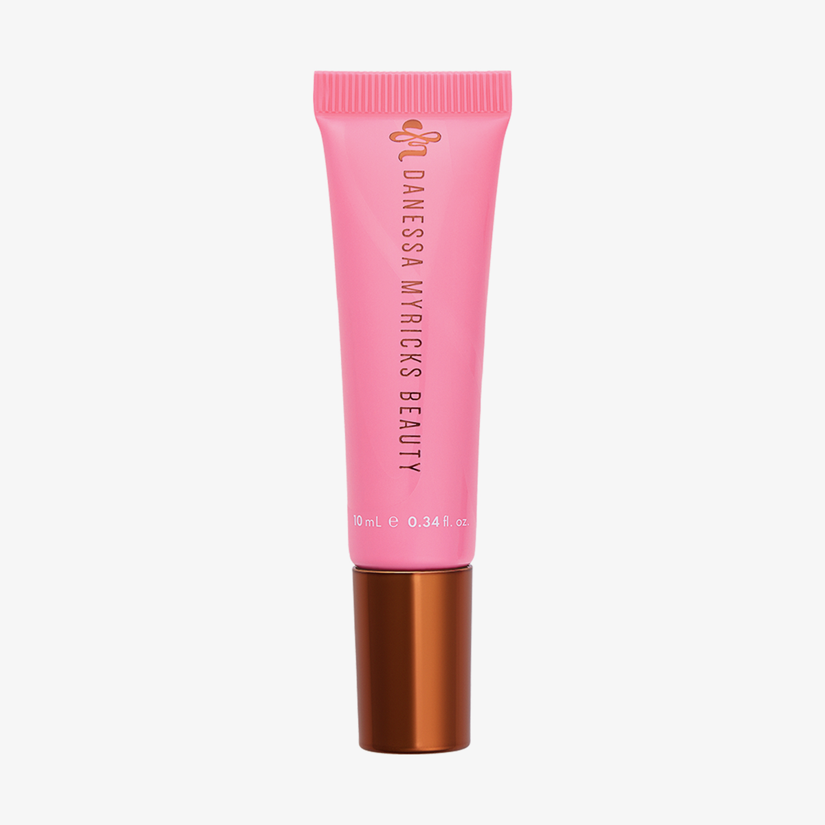 Eine rosa Tube „Danessa Myricks Beauty Glosswork 4D Ultra Shine Plumping Gloss“, 10 ml, mit einem metallisch-braunen Verschluss vor weißem Hintergrund.