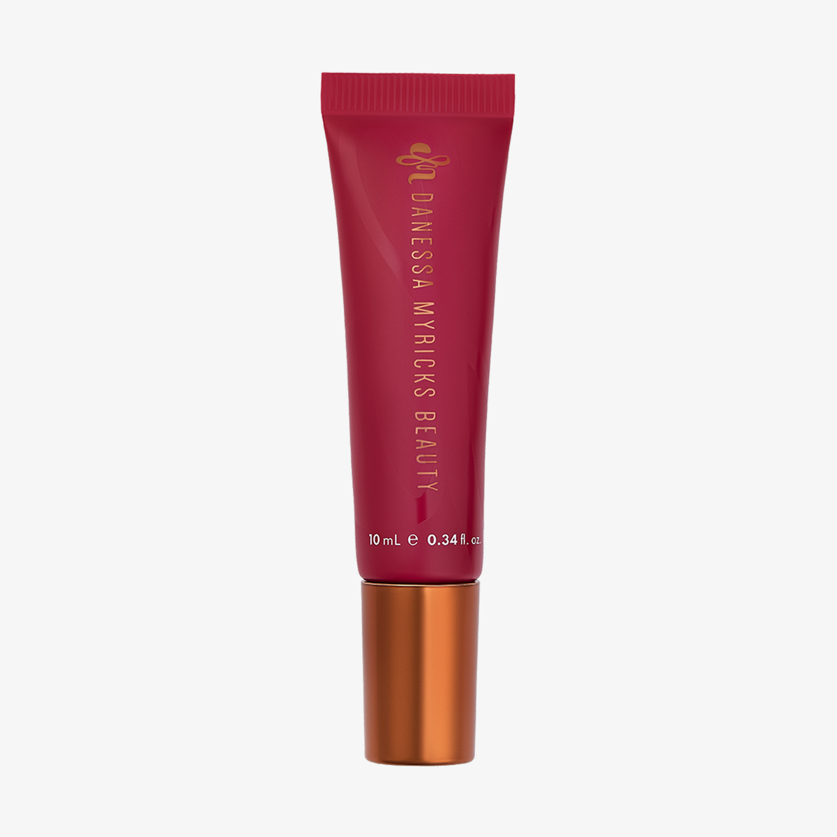 Eine rote Tube „Danessa Myricks Beauty Glosswork 4D Ultra Shine Plumping Gloss“ mit kupferfarbenem Verschluss vor weißem Hintergrund.