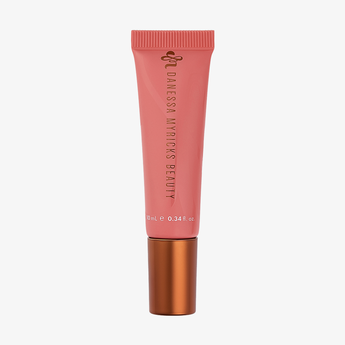 Eine rosa Tube mit einem kupferfarbenen Verschluss, beschriftet mit „Glosswork 4D Ultra Shine Plumping Gloss“ von Danessa Myricks Beauty, 10 ml, auf weißem Hintergrund.