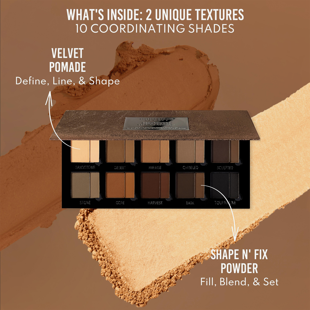 Die Danessa Myricks Beauty Groundwork Palette - Defining Neutrals bietet 10 etikettierte Farbtöne in den Texturen Velvet Pomade und Shape n Fix Powder.