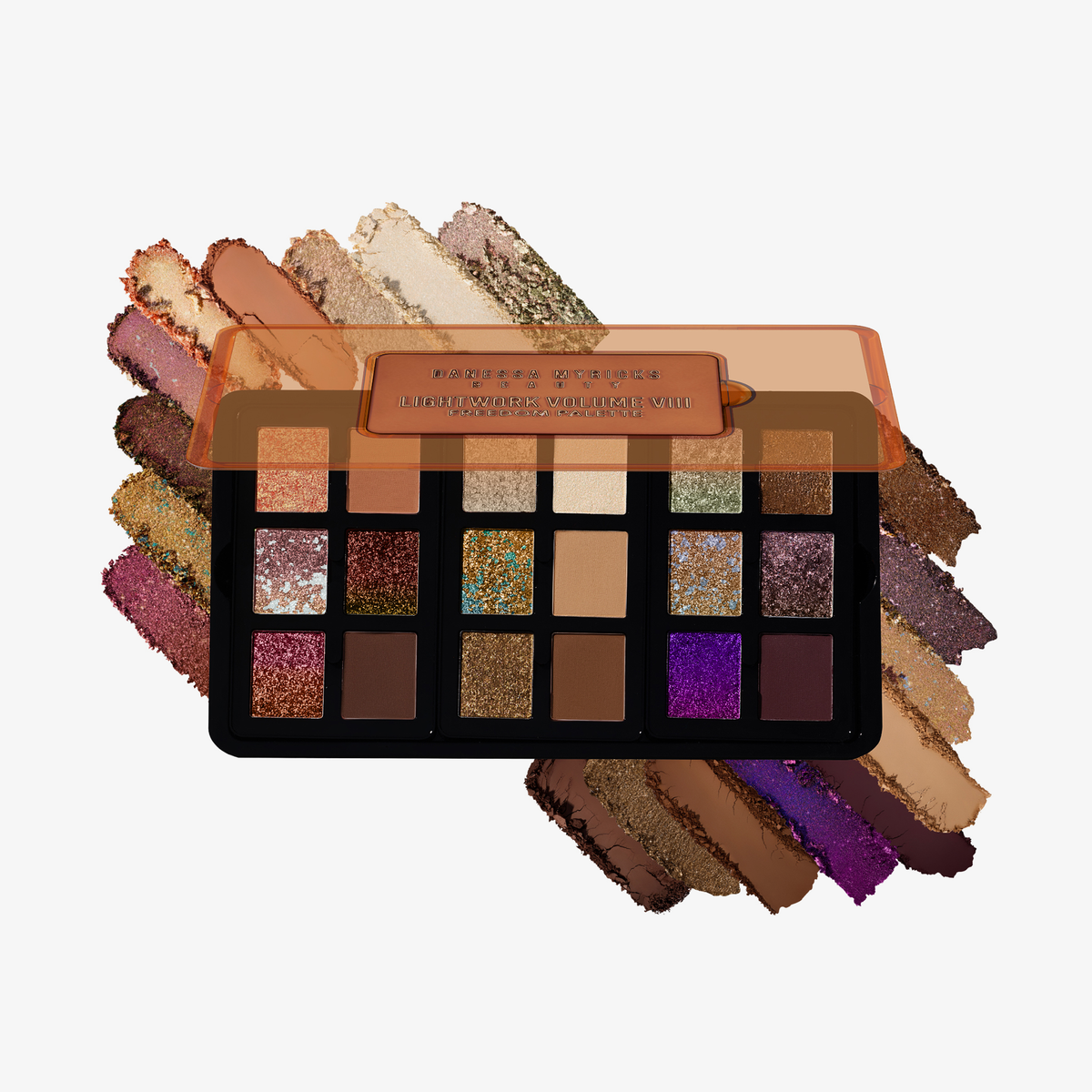 Danessa Myricks Beauty Lightwork Palette VIII Freedom Palette mit achtzehn farbenfrohen, schimmernden und matten Farbfeldern sowie passenden Farbmusterkarten.